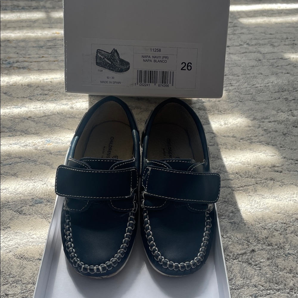 Children's Navy Leather Loafers with Velcro Strap